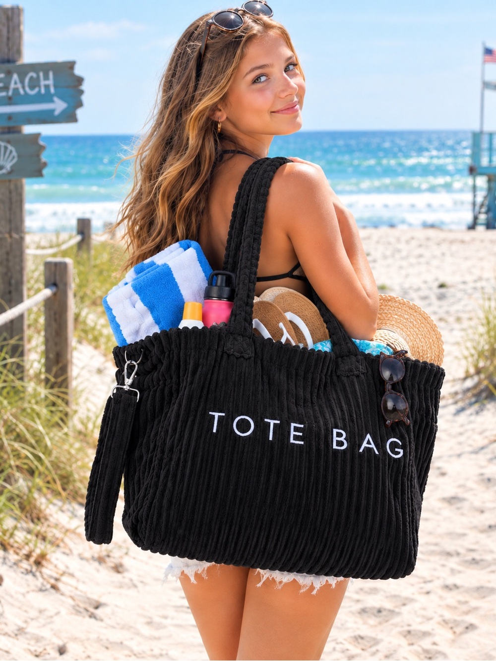 Black Corduroy Tote Bag - Stylish Beach Work & Play